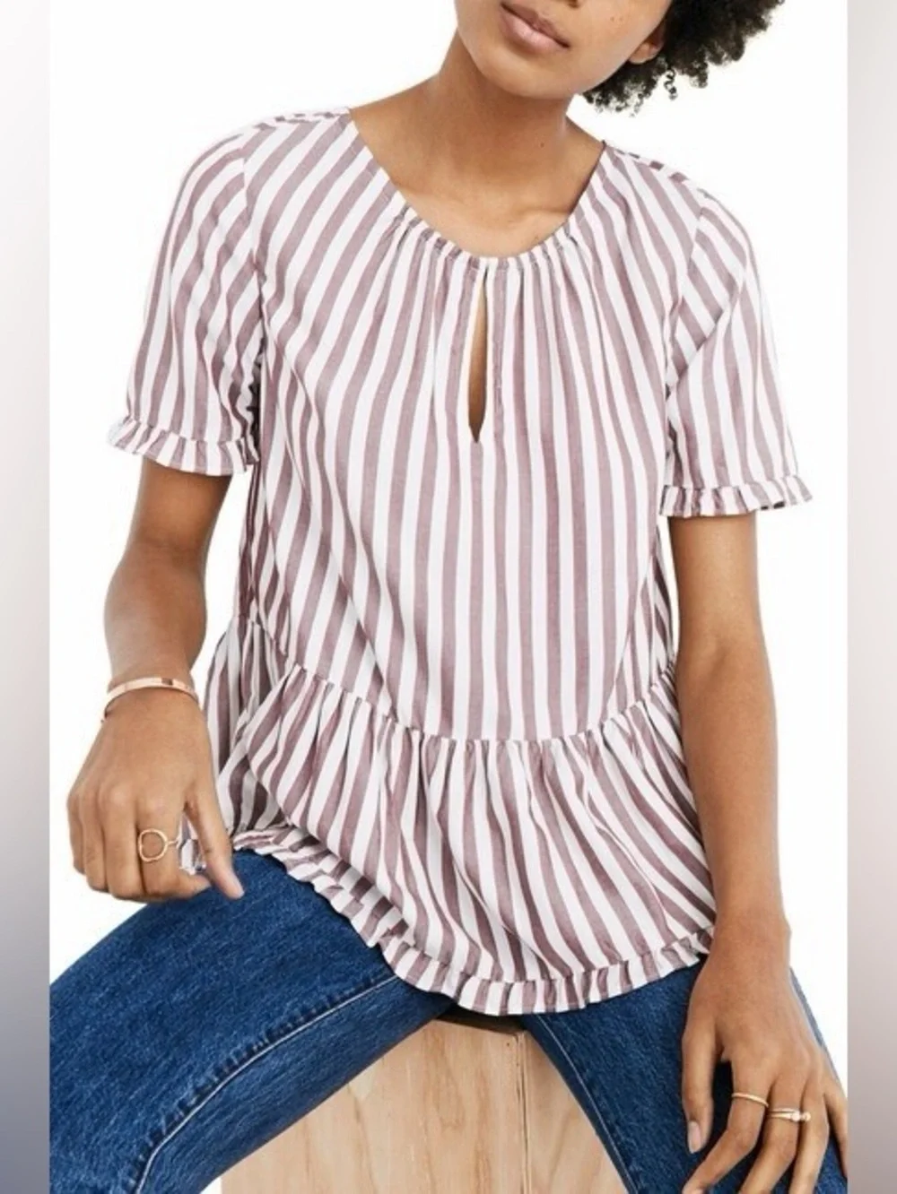 Madewell Stanza Ruffle-Hem Top in Red Stripe - Picture 2 of 3